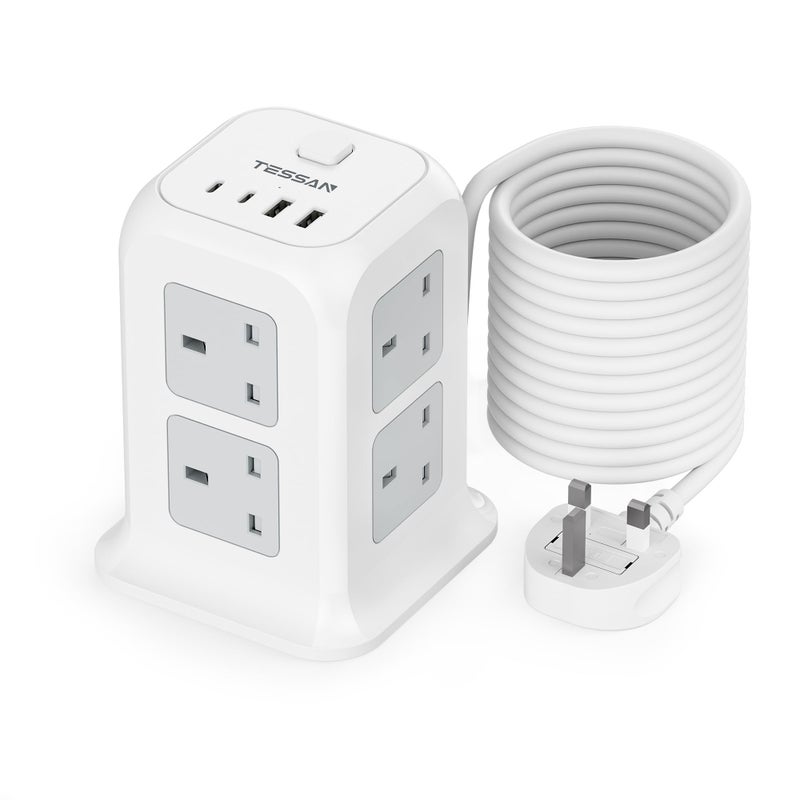 TESSAN 8 Way Tower Extension Lead 10M with 4 USB Slots (2 USB C) - Image 1