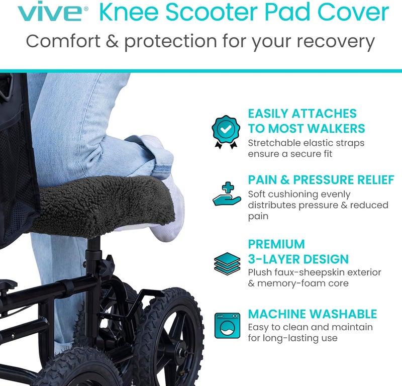 Vive Mobility Knee Scooter Pad Cover - Soft Plush Adult Sheepskin Memory Foam Cushion, Walker Accessory for Knee Roller, Padded Accessories Leg Cart Improves Comfort with Injury, Universal Fit (Black) - Image 2