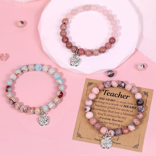 Parma77 6Pcs Teacher Appreciation Gifts for Women, Appreciation Gifts for Women in Bulk, Natural Stone Teacher Appreciation Bracelet with Message Cards for Office Coworker Birthday Gift - Image 2