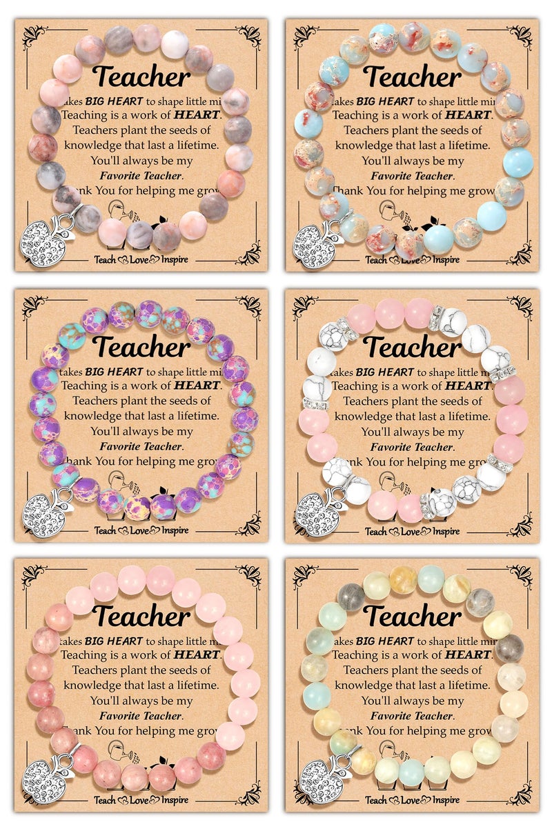 Parma77 6Pcs Teacher Appreciation Gifts for Women, Appreciation Gifts for Women in Bulk, Natural Stone Teacher Appreciation Bracelet with Message Cards for Office Coworker Birthday Gift - Image 1