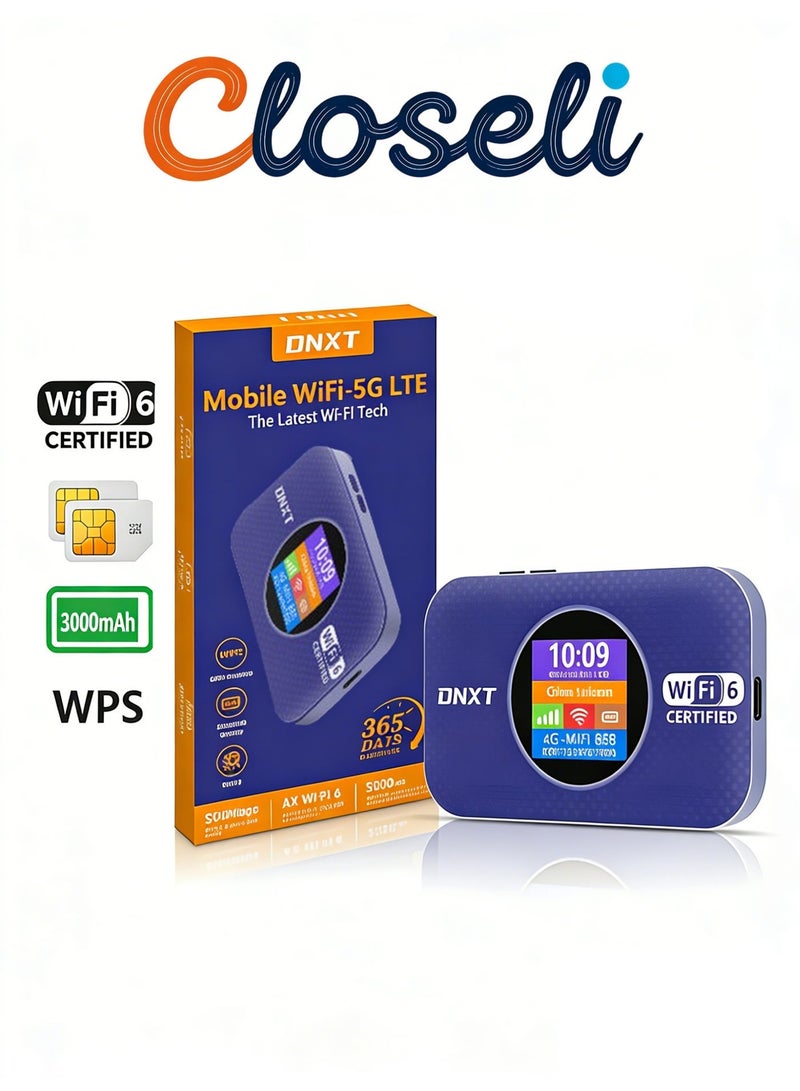 كلوزيلي راوتر واي فاي محمول 4G، Pocket WiFi، راوتر محمول صغير، WiFi 6، مودم LTE، يدعم شريحة SIM 5G، توصيل وتشغيل فوري، بطارية 3000mAh، اتصال WPS سريع، شبكة مستقرة، تشفير WPA/WPA2، يدعم حتى 12 جهاز، مناسب للمنزل والمكتب والاستخدام الخارجي (أزرق) - Image 1