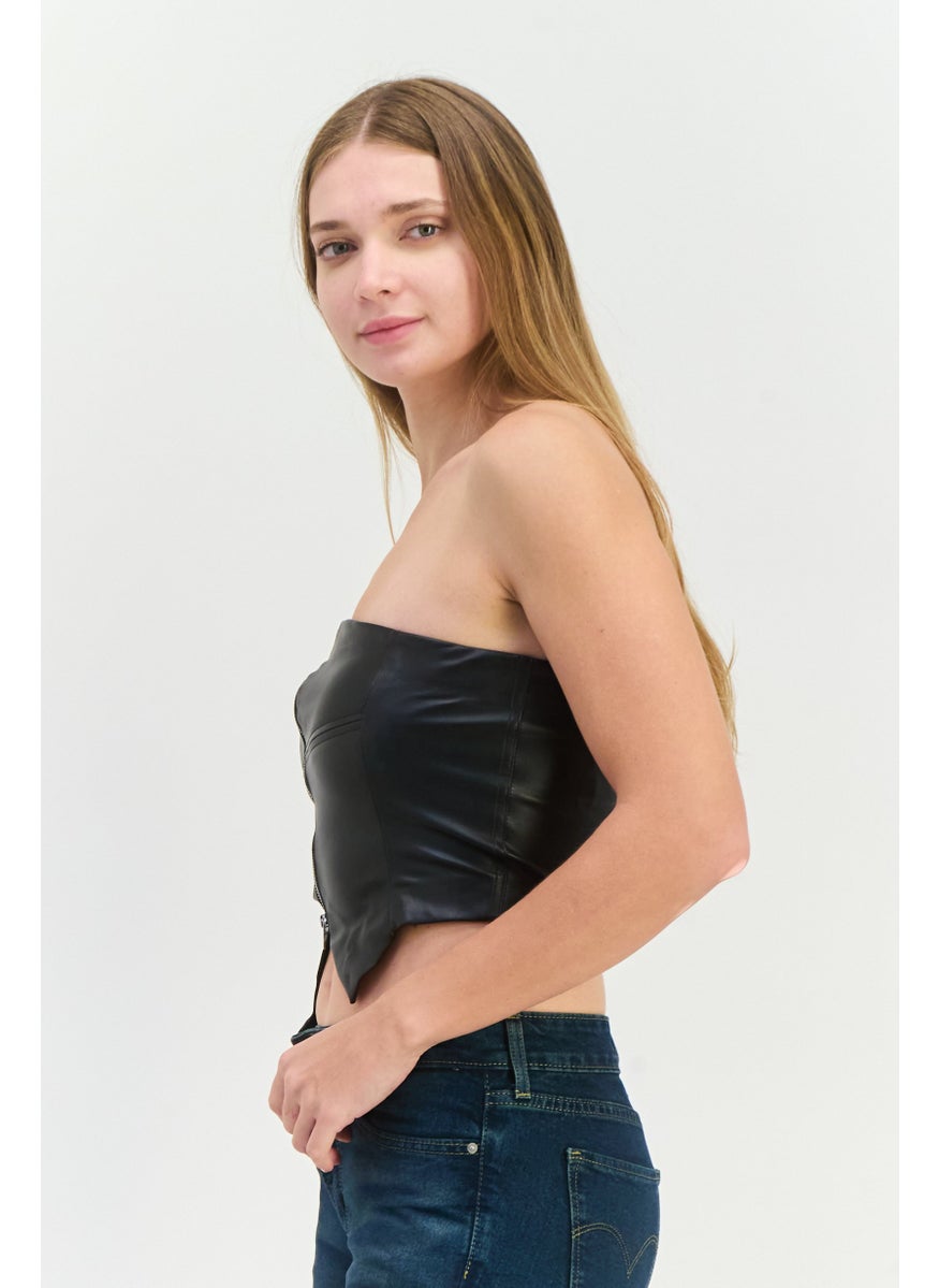 Bershka Women Straight Across Neckline Strapless Solid Tube Top, Black  - Image 2