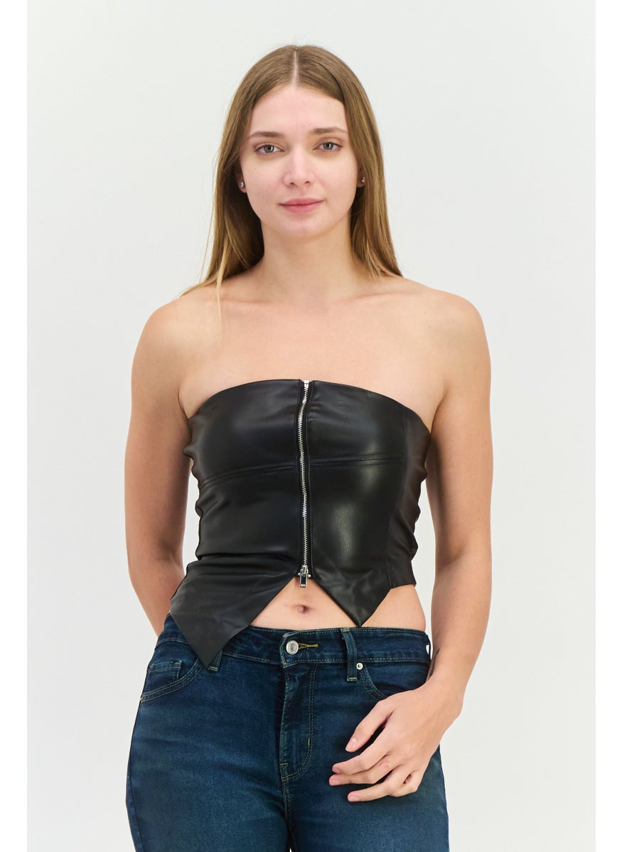 Bershka Women Straight Across Neckline Strapless Solid Tube Top, Black  - Image 1