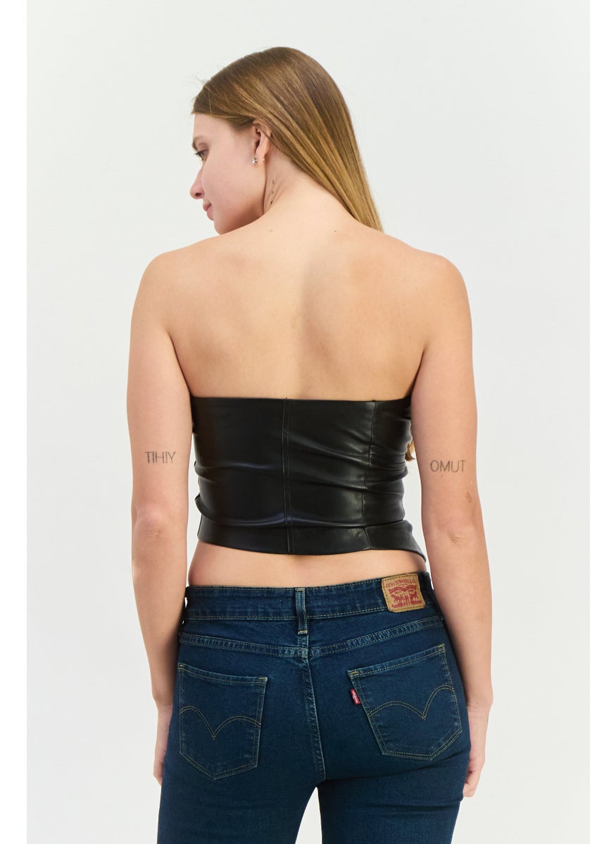 Bershka Women Straight Across Neckline Strapless Solid Tube Top, Black  - Image 3