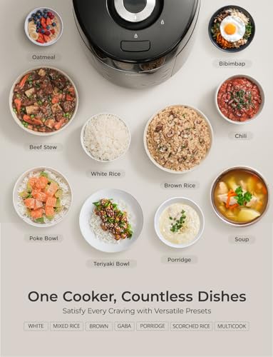 Cuckoo طباخ أرز كوكو عالي الضغط 10 أكواب غير مطبوخة / 20 كوب مطبوخ مع وعاء داخلي غير لاصق، صانع أرز كبير مع 13 خيار قائمة ولوحة بخار، تقنية منطق ضبابي، تنظيف تلقائي، أسود (CRP-PK1001S) - Image 4