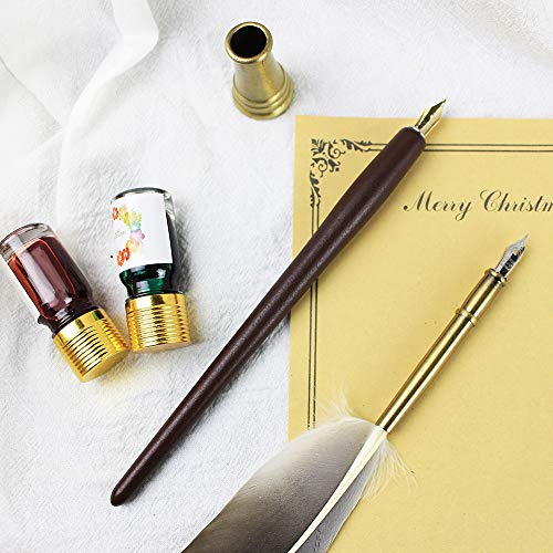 FEATTY GIFTS Calligraphy Pen Set,12-Piece Kit, 5 Nib & 5 Ink Set,Writing Quill Pen,Anitque Dip Feather Pen Set (wood+feather) - Image 3