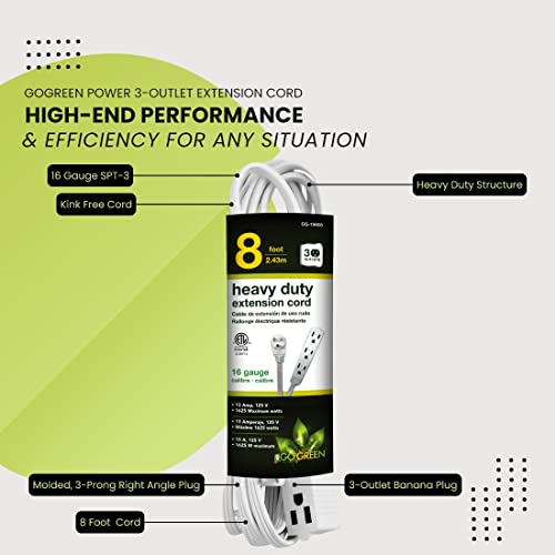 Power By GoGreen GoGreen Power (GG-19608) 16/3 8’ 3 Outlet Extension Cord, White, 8 Ft Cord - Image 5