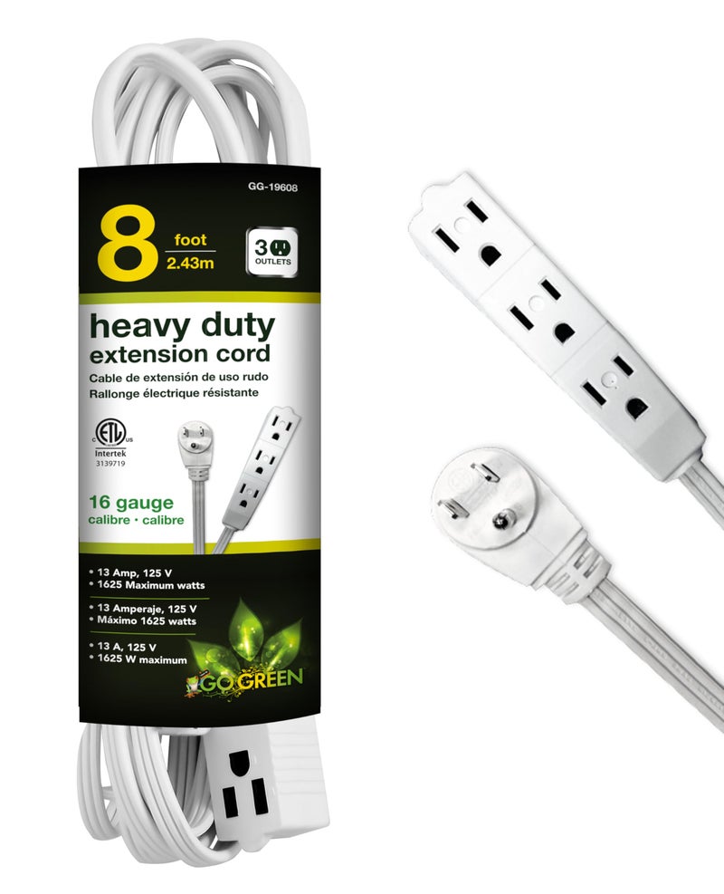 Power By GoGreen GoGreen Power (GG-19608) 16/3 8’ 3 Outlet Extension Cord, White, 8 Ft Cord - Image 1