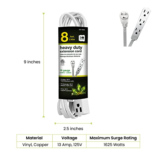 Power By GoGreen GoGreen Power (GG-19608) 16/3 8’ 3 Outlet Extension Cord, White, 8 Ft Cord - Image 2