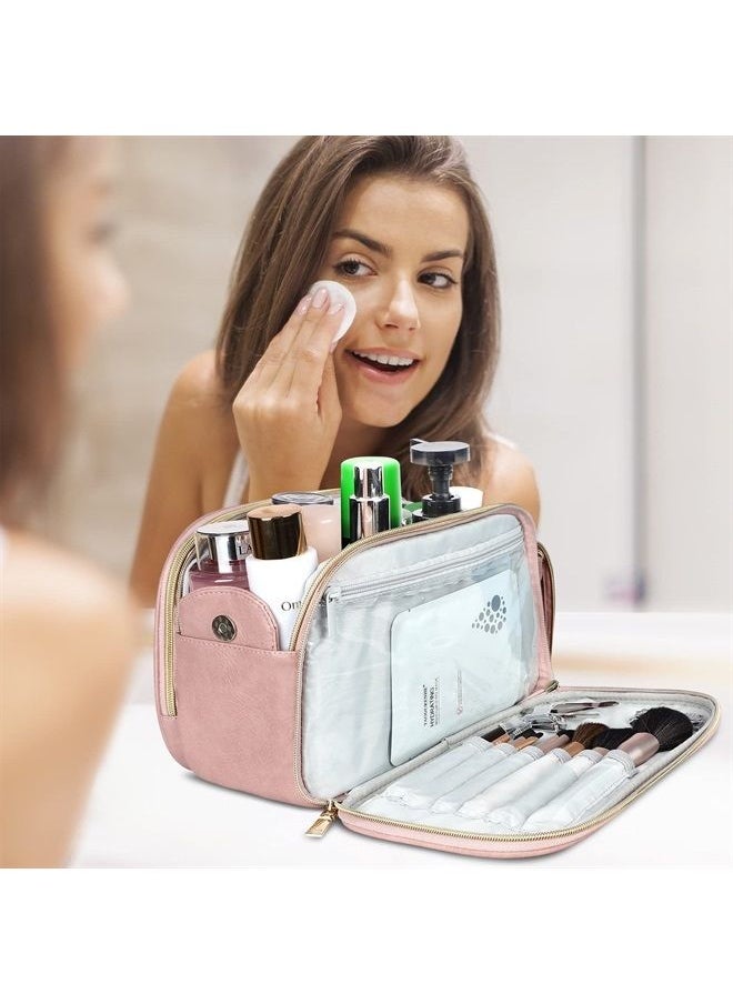 BOOMRICH - Travel Makeup Bag, Cosmetic Bag, Toiletry Bag for Women, Water-Resistant Leather Toiletry Organizer, Large Dopp Kit for Toiletries Accessories, Pink - Image 1