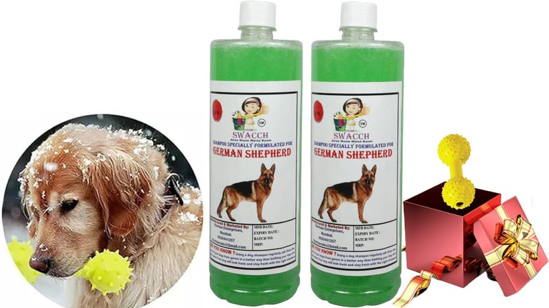 swacch German Shepherd Dog Shampoo + Dumbbell Toy I Durable Rubber Dog Toy for Chewing I Playing,Teeth Cleaning & Training Toy I Combo Pack I 1 Litre Pack of 2 Neem Alovera - Image 1