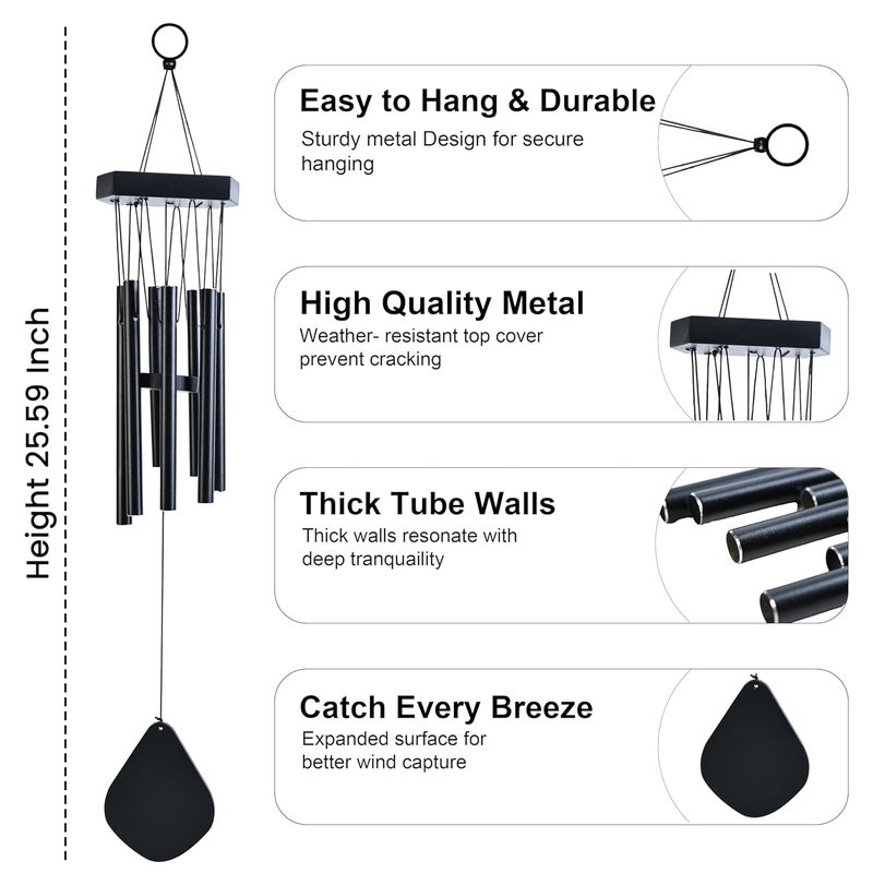 HindCraft Decorative Black Wind Chimes for Balcony & Garden – 25-Inch Metal Tubes with Wooden Top and Leaf, Enhancing Home Decor and Vibes(Pack of 1) - Image 2
