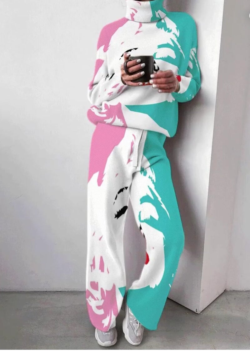 Amazon European and American Foreign Trade Explosions New Printed Autumn and Winter Womens Knitted Wide Leg Pants Two-Piece Set White  - Image 3