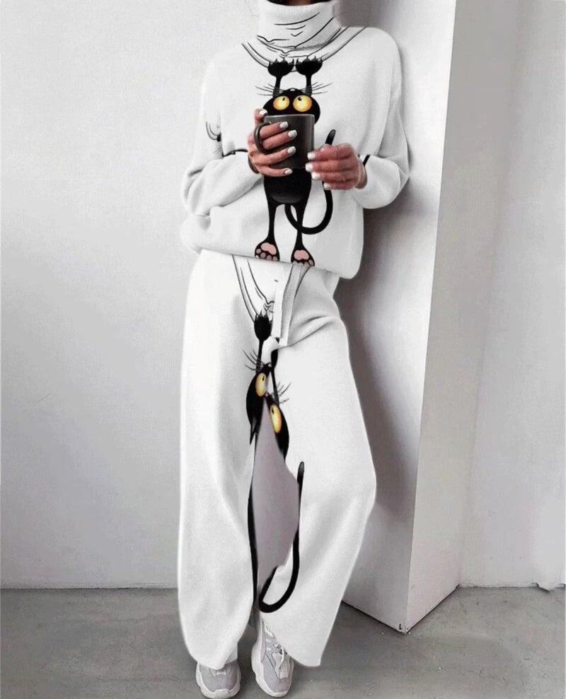 Amazon European and American Foreign Trade Explosions New Printed Autumn and Winter Womens Knitted Wide Leg Pants Two-Piece Set White  - Image 5