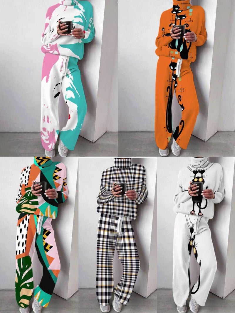 Amazon European and American Foreign Trade Explosions New Printed Autumn and Winter Womens Knitted Wide Leg Pants Two-Piece Set White  - Image 2