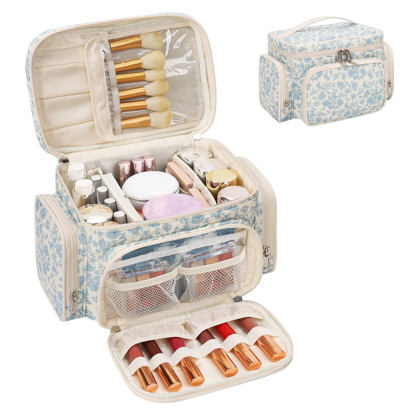 Bagmoly Large Cotton Makeup Bag, Quilted Floral Makeup Bag Organizer for Women Girls with Makeup Brush Compartment & Two Side Pockets, Cosmetic Travel Bag Vertical Storage- Blue Flower - Image 1