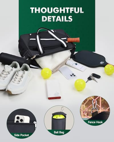 Movker Pickleball Bag for Women 2in1 Tote Crossbody with Fence Hook Holds 2 Paddles Detachable Ball Bag Court to Street Black - Image 3