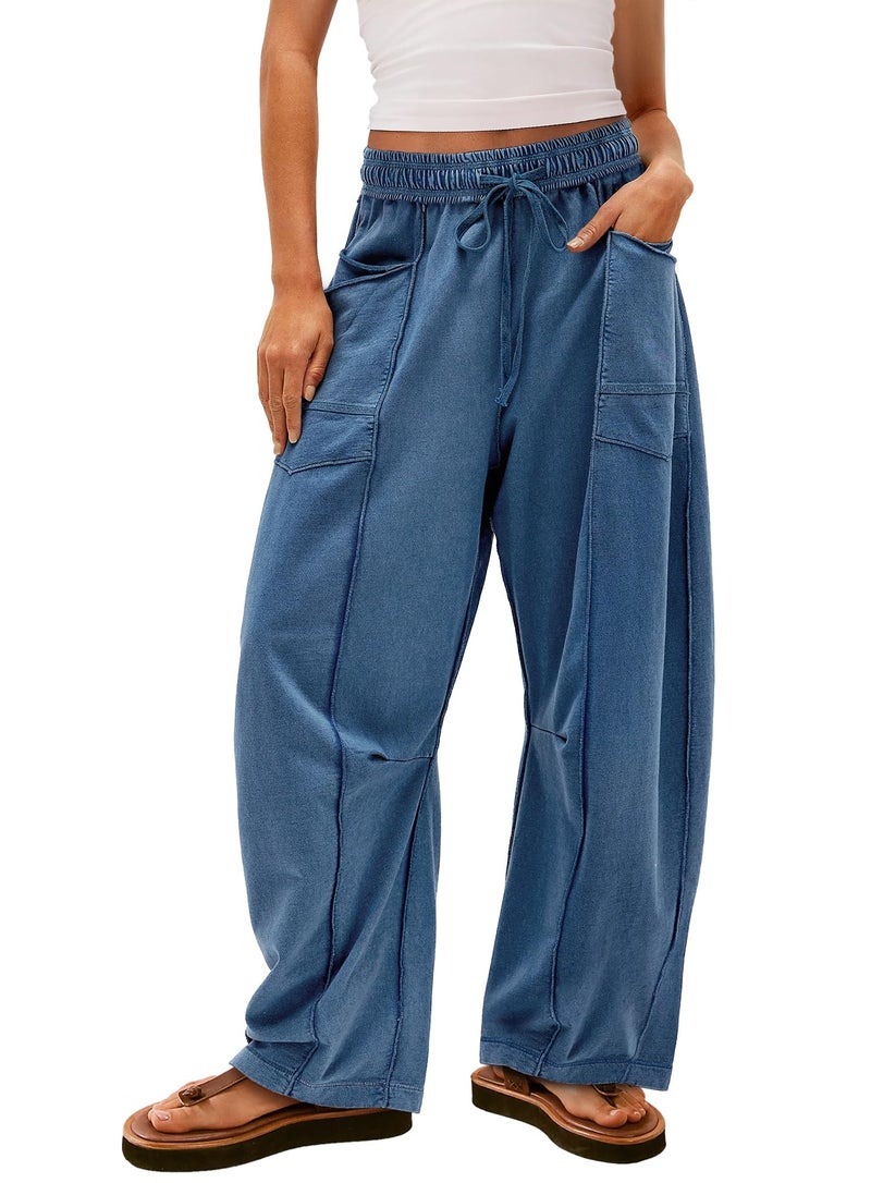 Yanekop Womens Baggy Wide Leg Pants Casual Fall Trousers Palazzo Pants Drawstring Waist Barrel Sweatpants with Pockets(Blue,XL) - Image 1