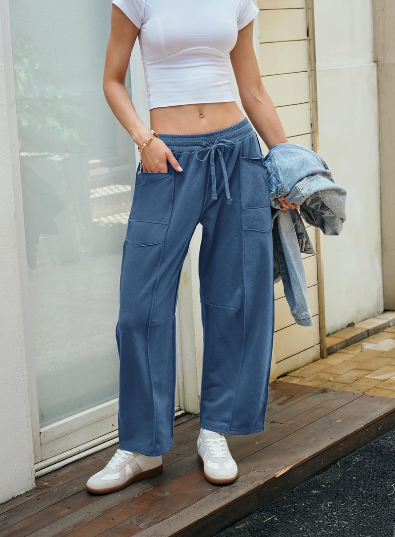 Yanekop Womens Baggy Wide Leg Pants Casual Fall Trousers Palazzo Pants Drawstring Waist Barrel Sweatpants with Pockets(Blue,XL) - Image 3