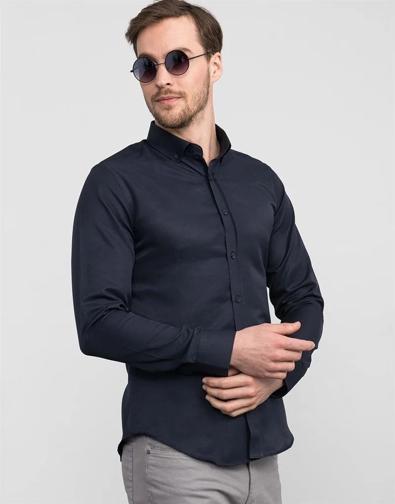 تودورس Slim Fit Navy Blue Plain Men's Shirt