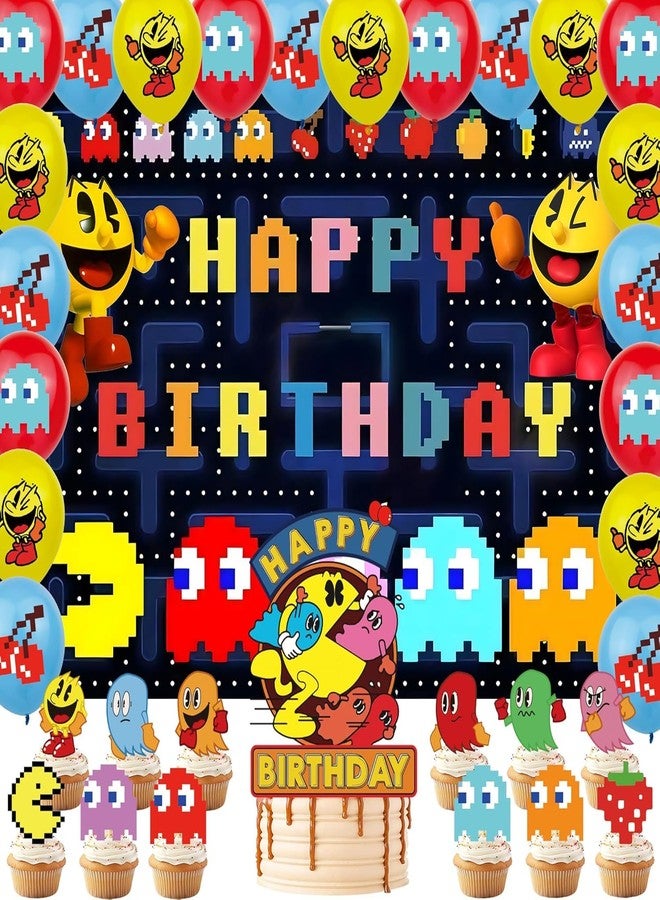 PINUO Pac Ghost Birthday Party Decoration, Include Game Party Backdrop 5 x 3 FT, Latex Balloons, Cake Topper for Pacman Theme Kids Fans Birthday Party - Image 1