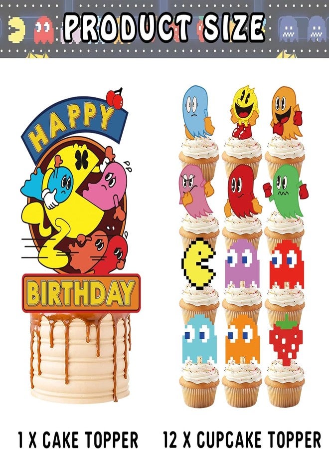 PINUO Pac Ghost Birthday Party Decoration, Include Game Party Backdrop 5 x 3 FT, Latex Balloons, Cake Topper for Pacman Theme Kids Fans Birthday Party - Image 4
