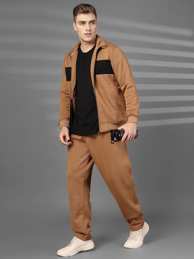 CHKOKKO Mens High Neck Winter Tracksuit Full Zip Jacket with Elastic Waist Lower Warm and Soft Activewear Set for Gym Running and Casual Use Golden Brown M - Image 3