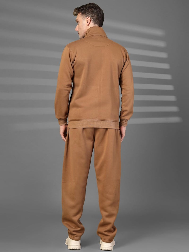 CHKOKKO Mens High Neck Winter Tracksuit Full Zip Jacket with Elastic Waist Lower Warm and Soft Activewear Set for Gym Running and Casual Use Golden Brown M - Image 4