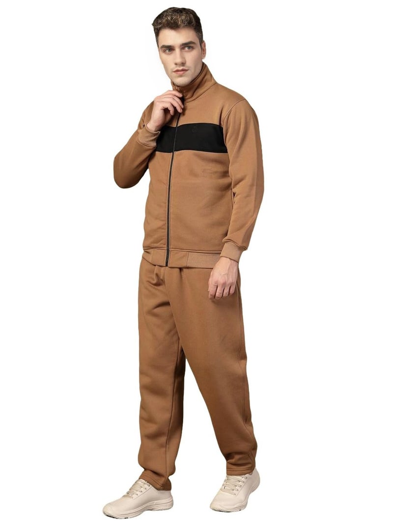 CHKOKKO Mens High Neck Winter Tracksuit Full Zip Jacket with Elastic Waist Lower Warm and Soft Activewear Set for Gym Running and Casual Use Golden Brown M - Image 1