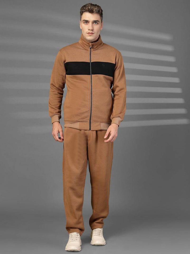 CHKOKKO Mens High Neck Winter Tracksuit Full Zip Jacket with Elastic Waist Lower Warm and Soft Activewear Set for Gym Running and Casual Use Golden Brown M - Image 5