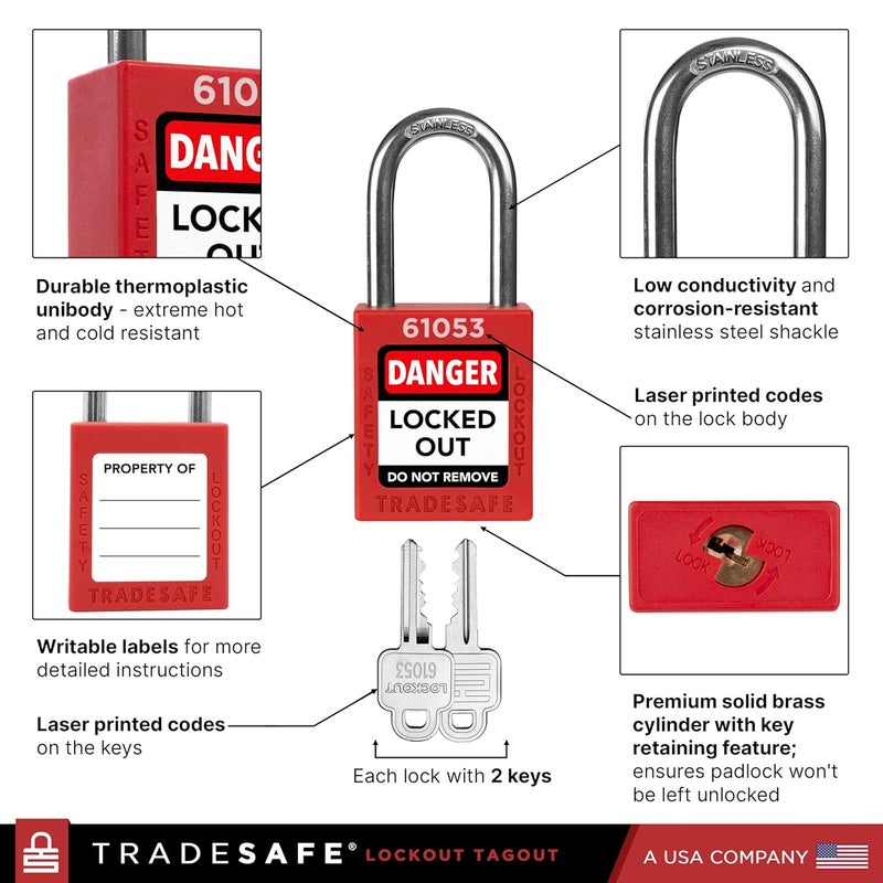 TRADESAFE Lockout Tagout Kit with Hasps, Lockout Tags, Red Loto Locks - Electrical Lock Out Tag Out Kits for OSHA Compliance, Personal Loto Kit (2 Keys Per Lock) - Image 4