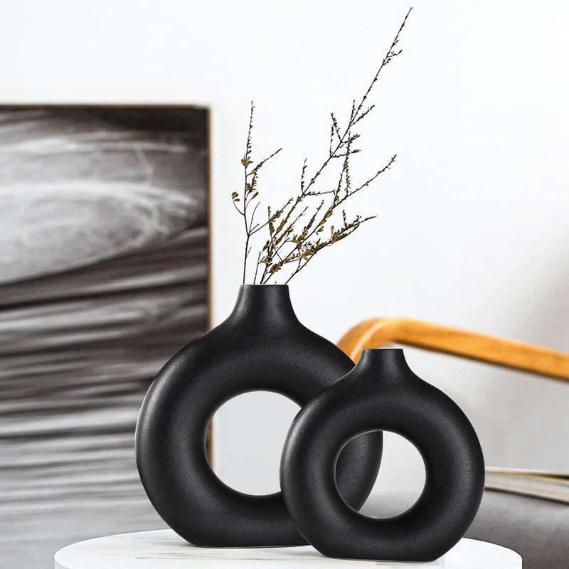 Ceramic Vases Set of 2 Modern Black Round Vase Rustic Home Decor Donut Ceramic Design Apply to Living Room Kitchen Mantle Bedroom Dining Table Office Black Decor