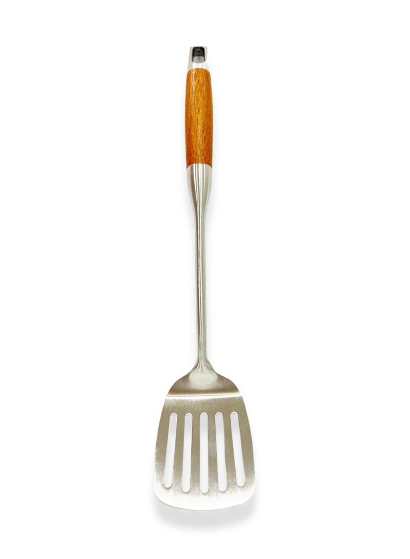 British Chef Stainless Steel Slotted Turner | Wooden Handle | Frying/Grilling Spoon | Long Handle Turner Spoon | BC316 - Image 1
