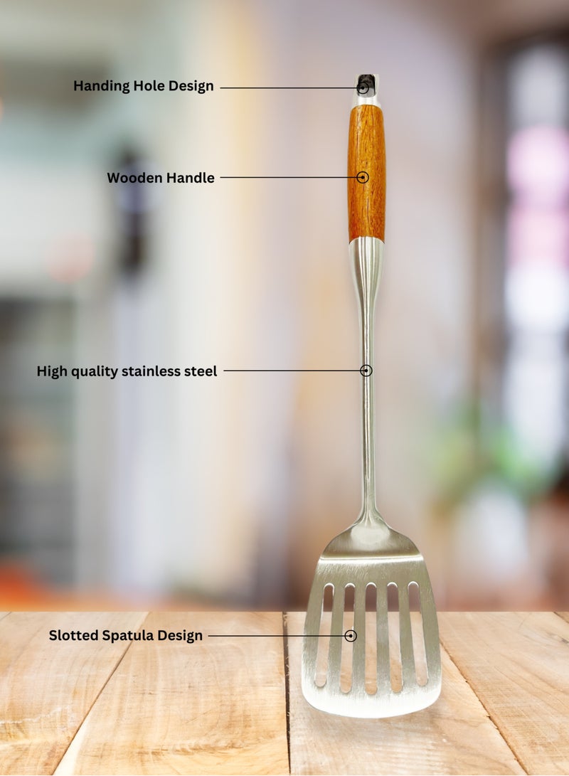 British Chef Stainless Steel Slotted Turner | Wooden Handle | Frying/Grilling Spoon | Long Handle Turner Spoon | BC316 - Image 2