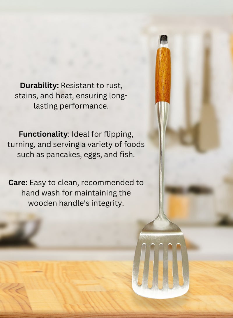 British Chef Stainless Steel Slotted Turner | Wooden Handle | Frying/Grilling Spoon | Long Handle Turner Spoon | BC316 - Image 3