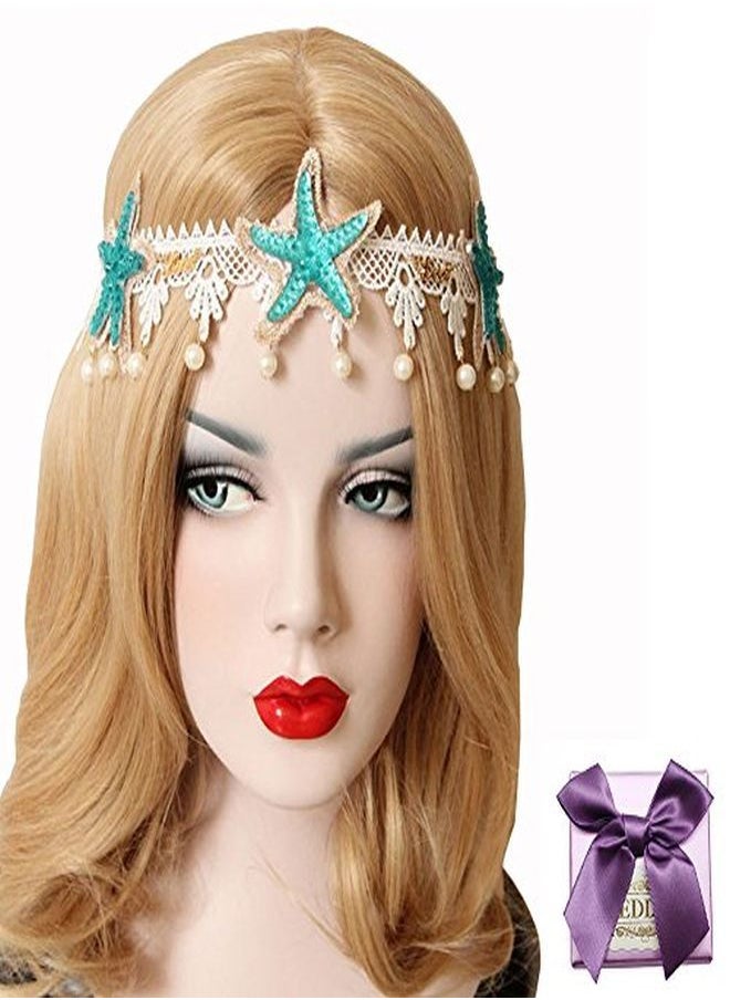 Bodermincer - Fashion Ocean Acrylic Starfish Real Shell Wave Headband Elastic Hairband Rose Flowers Forehead Bands Mermaid Hair Accessories Mermaid Headband (Lace Starfish) - Image 1