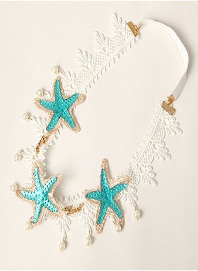 Bodermincer - Fashion Ocean Acrylic Starfish Real Shell Wave Headband Elastic Hairband Rose Flowers Forehead Bands Mermaid Hair Accessories Mermaid Headband (Lace Starfish) - Image 1