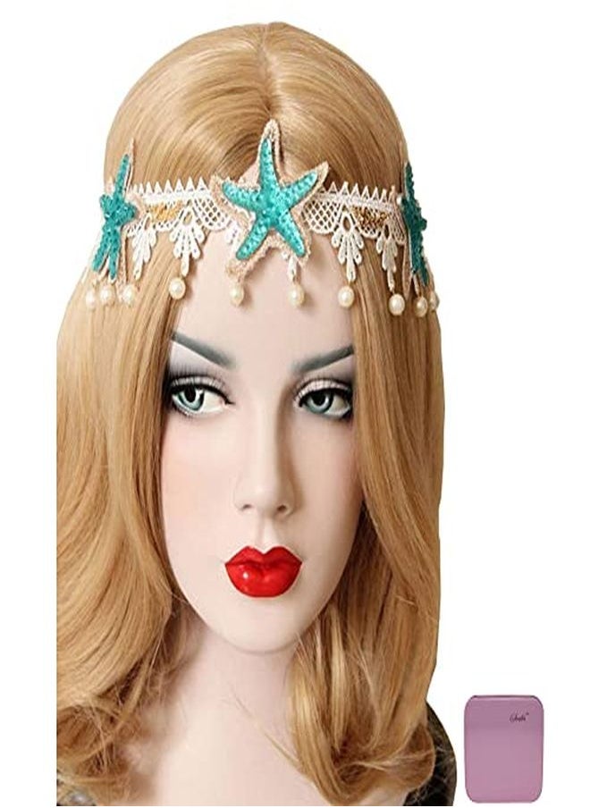 Bodermincer - Fashion Ocean Acrylic Starfish Real Shell Wave Headband Elastic Hairband Rose Flowers Forehead Bands Mermaid Hair Accessories Mermaid Headband (Lace Starfish) - Image 1
