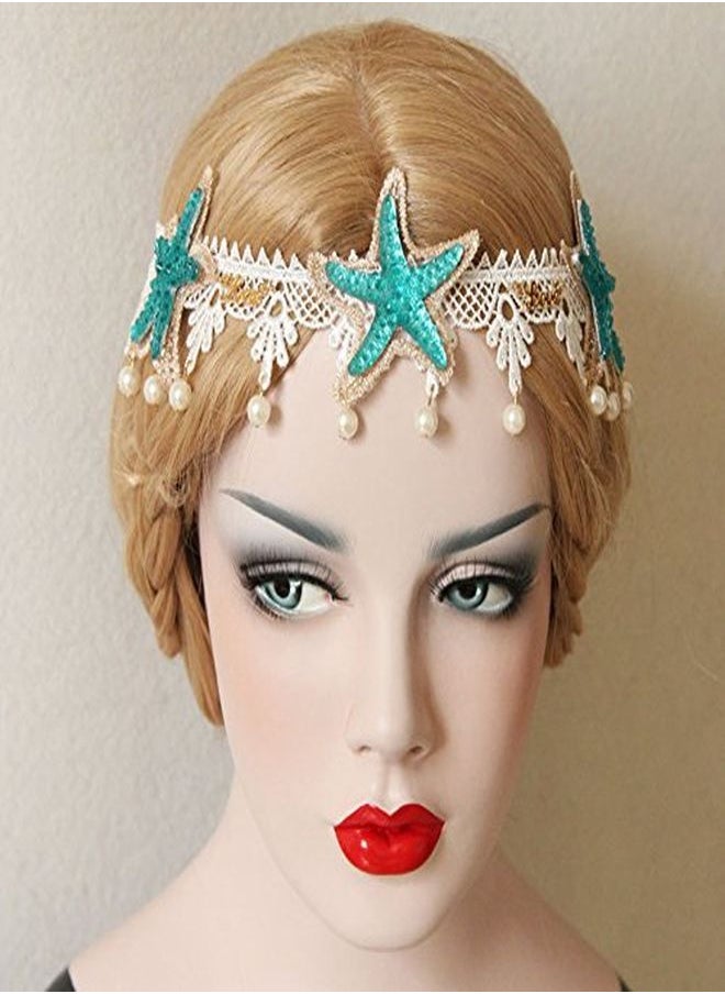 Bodermincer - Fashion Ocean Acrylic Starfish Real Shell Wave Headband Elastic Hairband Rose Flowers Forehead Bands Mermaid Hair Accessories Mermaid Headband (Lace Starfish) - Image 1