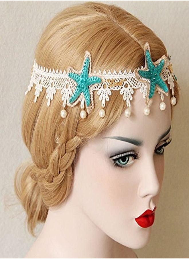 Bodermincer - Fashion Ocean Acrylic Starfish Real Shell Wave Headband Elastic Hairband Rose Flowers Forehead Bands Mermaid Hair Accessories Mermaid Headband (Lace Starfish) - Image 1