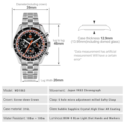 watchdives WD1860 WD1861 WD1863 Men's Chronograph Watch Japan VK63 Quartz Sports Watches 40mm Bubble Sapphire Crystal Wristwatch 100M Dive Watch (Black Orange / WD1863 Screw Bracelet) - Image 2