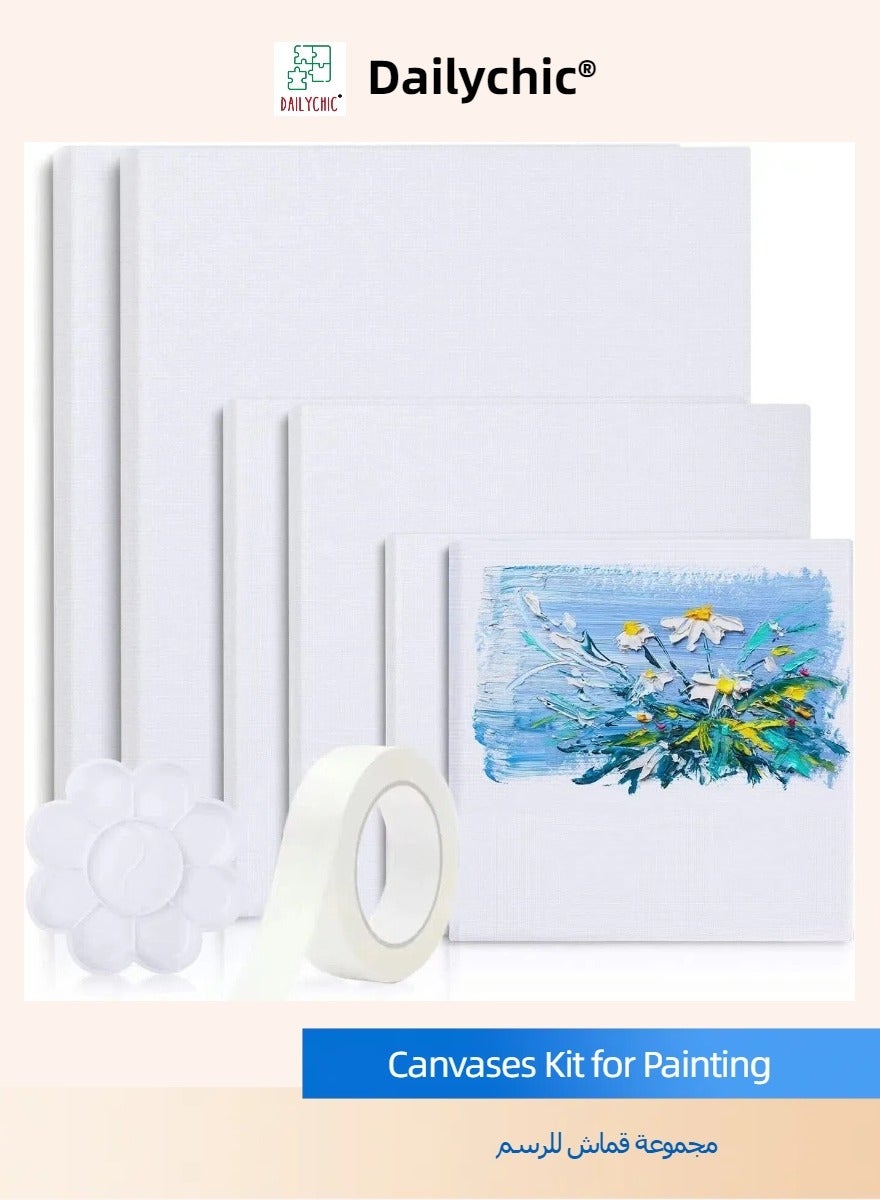 8Pcs Canvases Kit for Painting, 40x30,30x20, 20x15, 6Pcs Stretched White Canvas with Petal Paint Tray and Tape, Artist Canvases Frame Board Panels, Cotton Canvas for Oil, Acrylic, Watercolor