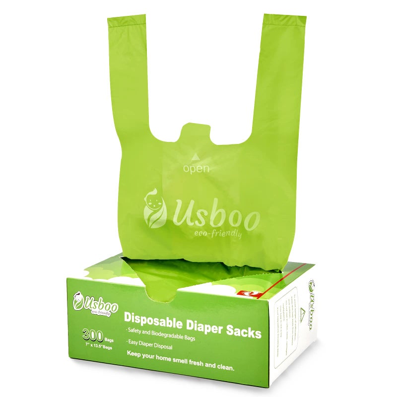 USBOO Baby Disposable Diaper Bags,300 Count Oxo-Biodegradable Diaper Sacks,Easy-Tie Handles,Diaper Disposal or Pet Waste Bags, Unscented - Image 1