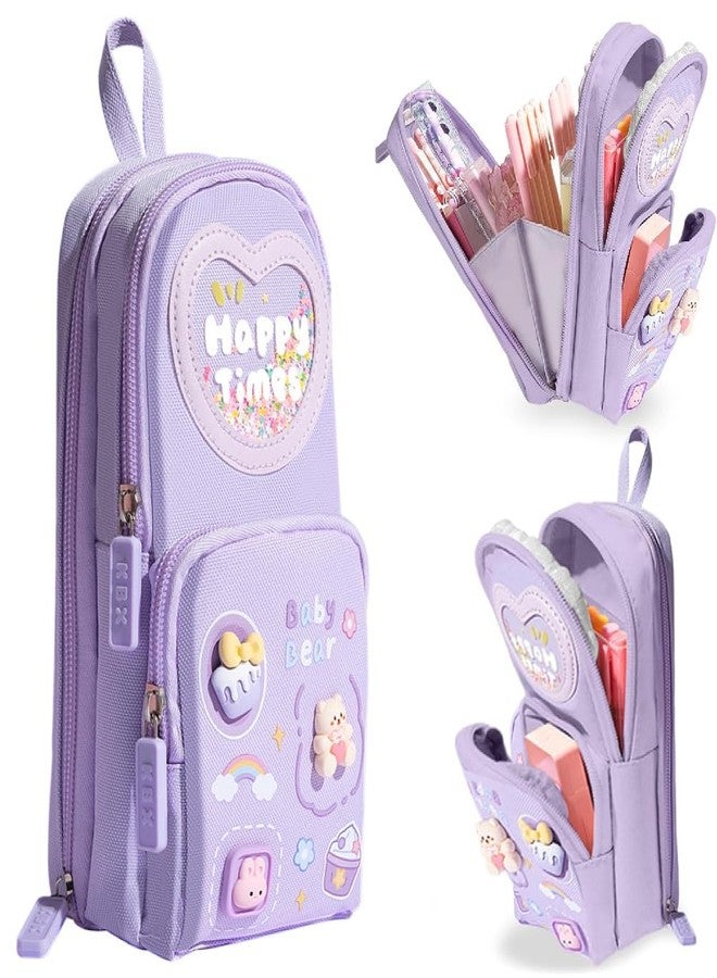 VIHAX Multifunctional Pencil Case, 6 Layer, 3 Compartments, Large Capacity, Cute Aesthetic Design for Girls, Pouch for School Kids, Purple (Purple) - Image 1