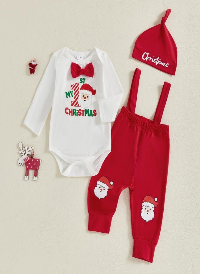 Karuedoo My 1st Christmas Baby Boy Outfit Letter Print Long Sleeve Bowtie Romper Suspender Pants with Hat 3Pcs Clothes Sets (A-Red, 9-12 Months) - Image 5