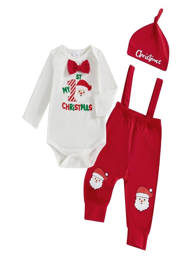Karuedoo My 1st Christmas Baby Boy Outfit Letter Print Long Sleeve Bowtie Romper Suspender Pants with Hat 3Pcs Clothes Sets (A-Red, 9-12 Months) - Image 1