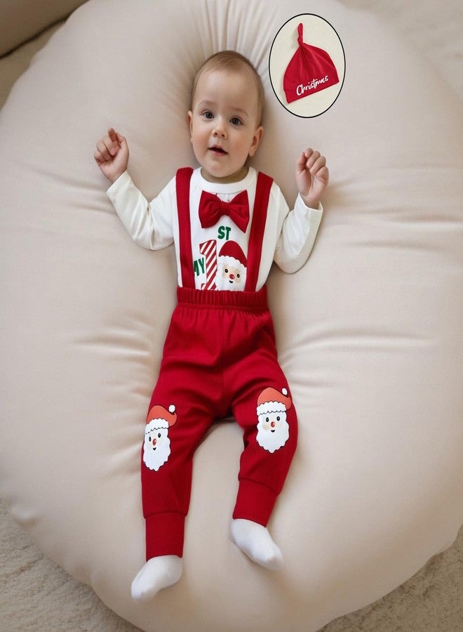 Karuedoo My 1st Christmas Baby Boy Outfit Letter Print Long Sleeve Bowtie Romper Suspender Pants with Hat 3Pcs Clothes Sets (A-Red, 9-12 Months) - Image 2