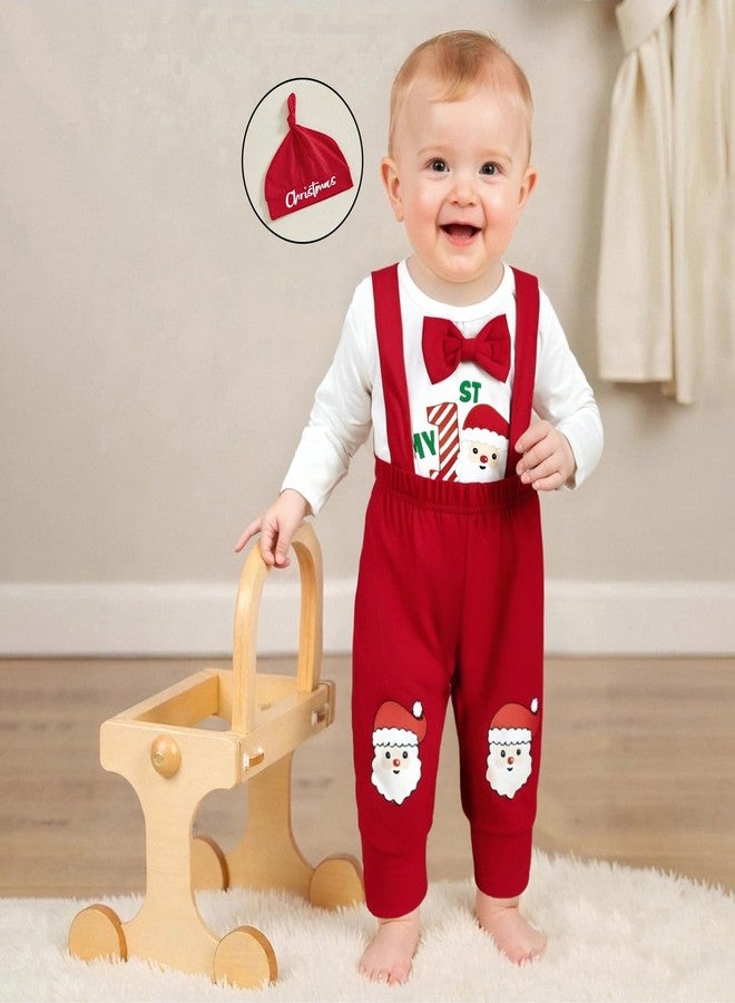 Karuedoo My 1st Christmas Baby Boy Outfit Letter Print Long Sleeve Bowtie Romper Suspender Pants with Hat 3Pcs Clothes Sets (A-Red, 9-12 Months) - Image 3