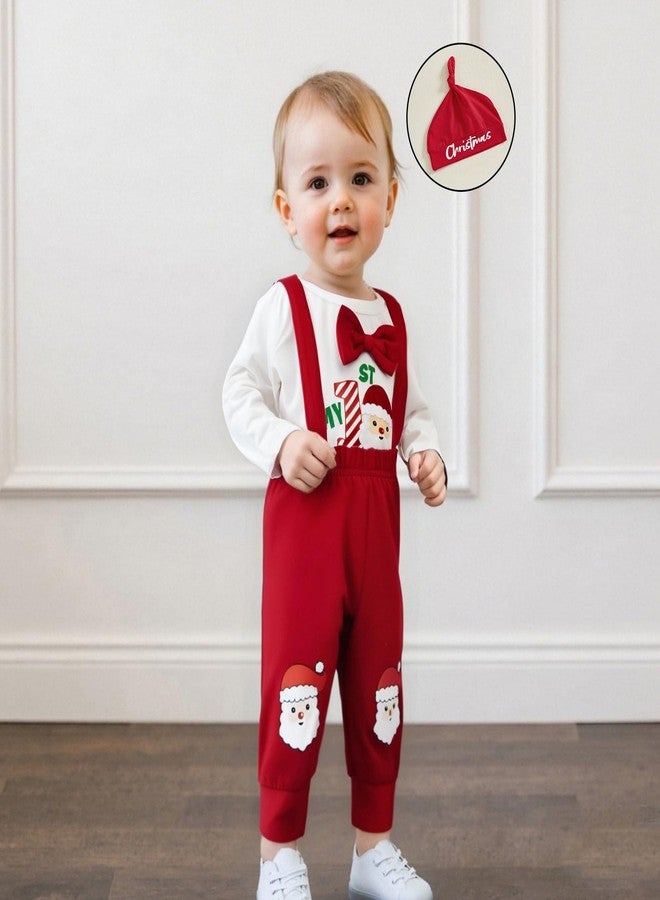 Karuedoo My 1st Christmas Baby Boy Outfit Letter Print Long Sleeve Bowtie Romper Suspender Pants with Hat 3Pcs Clothes Sets (A-Red, 9-12 Months) - Image 4