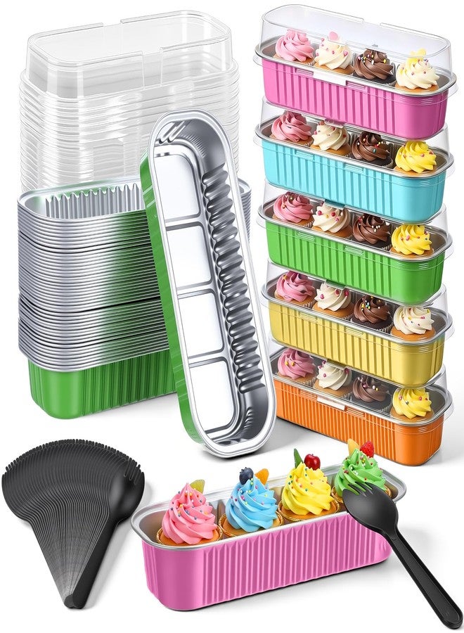 Blushtier مجموعة بلاشتير من 150 قالب كيك صغير مع أغطية وملاعق، سعة 6.8 أونصة، قوالب خبز مستطيلة من رقائق الألومنيوم بنمط استوائي، علب كيك صغيرة بنمط هاواي، مثالية لحفلات الصيف الاستوائية على حمام السباحة - Image 1